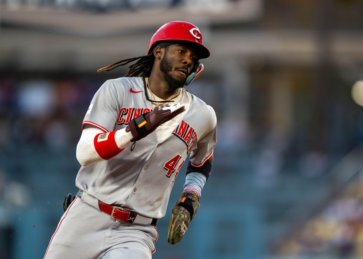 Cincinnati Reds infielder, Elly De La Cruz 44, runs the bases during an MLB baseball game against the Cincinnati Reds on August 26, 2025 in Los Angeles, CA.