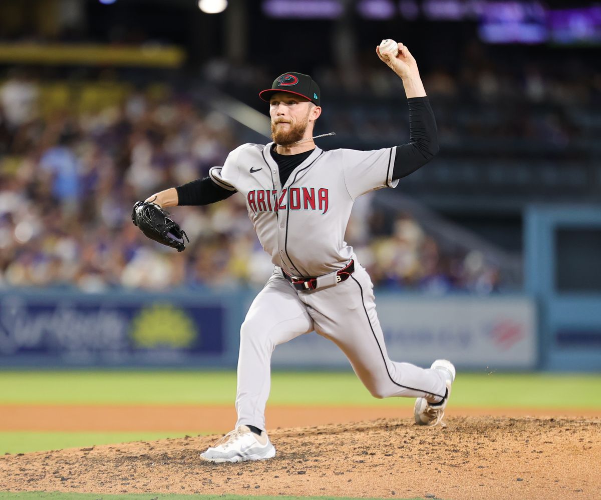 #43 Kyle Bachus of the Arizona Diamondbacks throws a pitch during an MLB baseball game against the Los Angeles Dodgers on August 29, 2025 in Los Angeles, CA. #43 Kyle Bachus of the Arizona Diamondbacks throws a pitch during an MLB baseball game against the Los Angeles Dodgers on August 29, 2025 in Los Angeles, CA.
