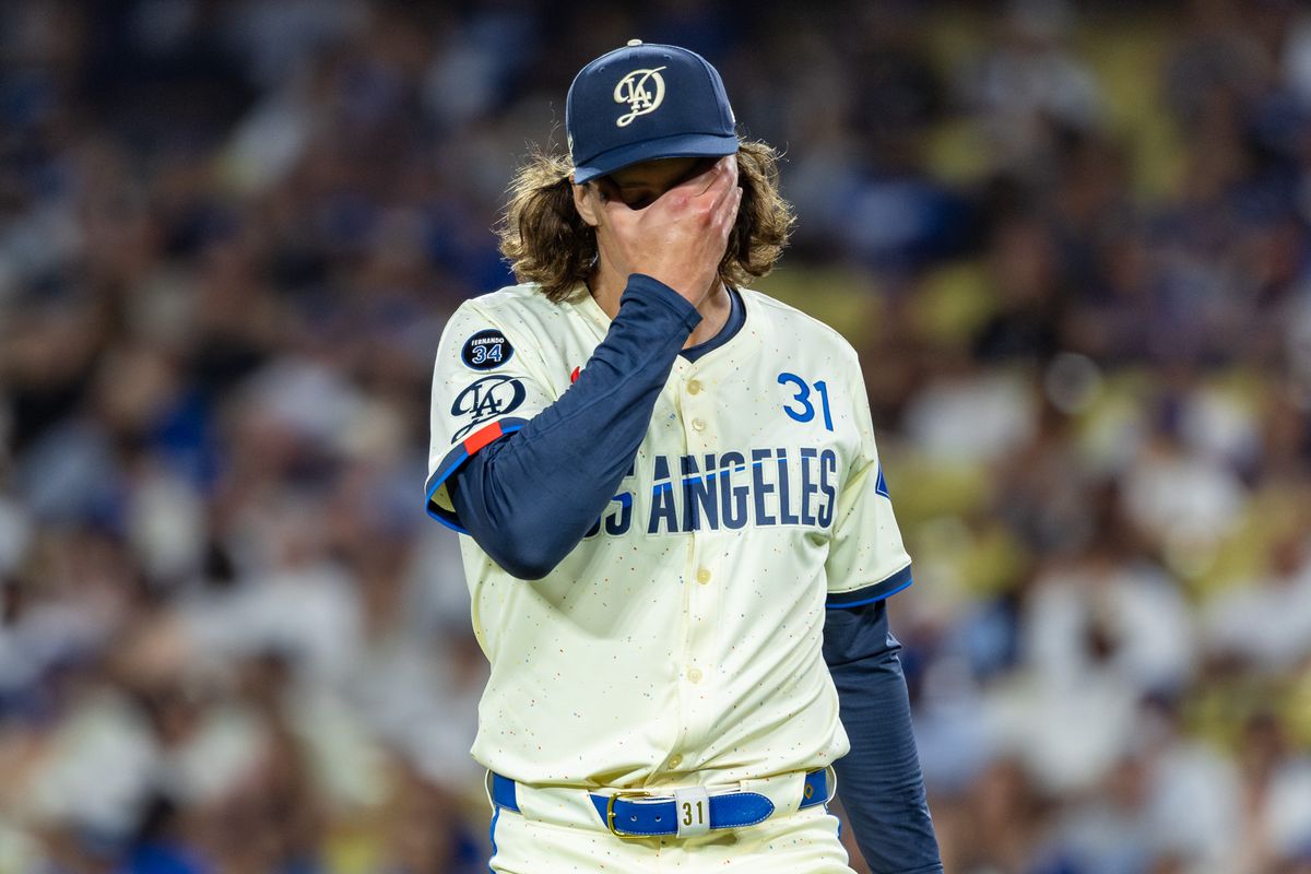 Tyler Glasnow #31 of the Los Angeles Dodgers leaves the mound after giving up three runs in the top of the seventh inning during an MLB game against the Arizona Diamondbacks at Dodger Stadium on August 30, 2025 in Los Angeles, California.