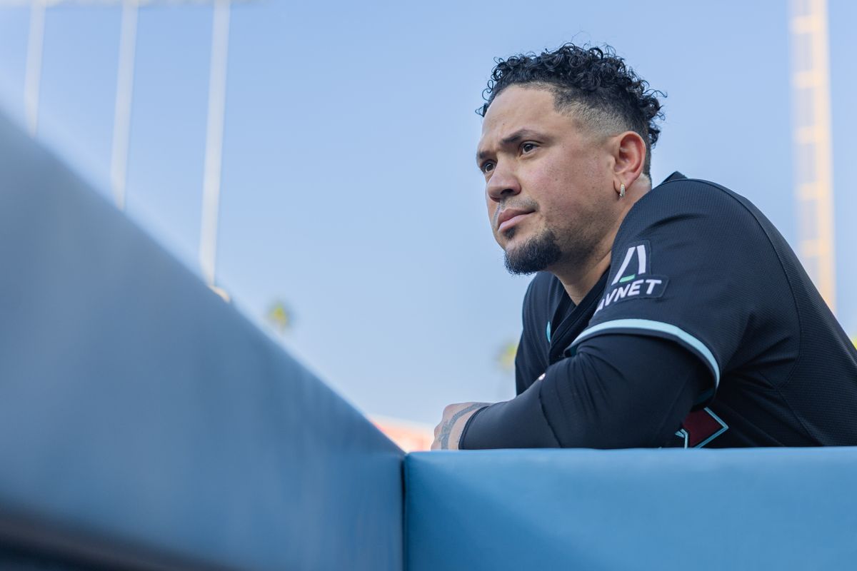 Ildemaro Vargas #6 of the Arizona Diamondbacks looks out onto the field before an MLB game against the Los Angeles Dodgers at Dodger Stadium on August 30, 2025 in Los Angeles, California.