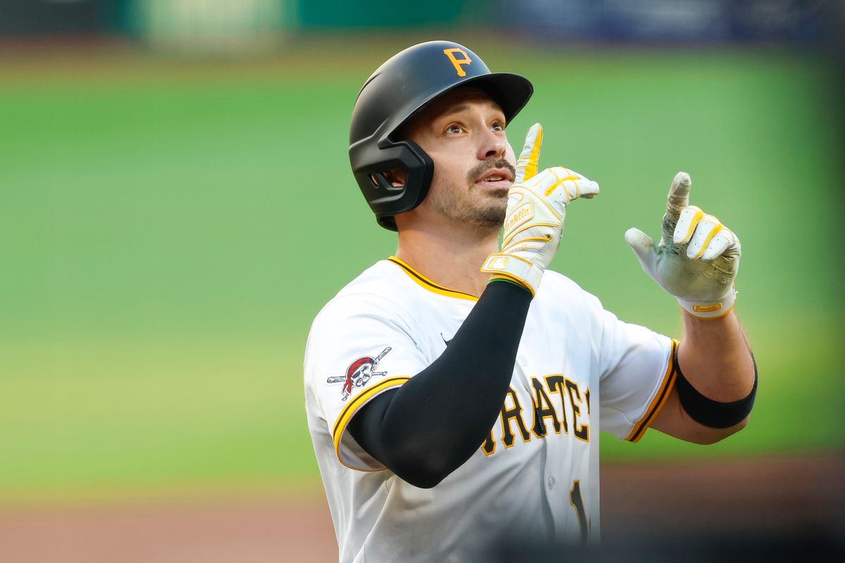 Bryan Reynolds #10 hits a home run against the Dodgers at PNC Park on September 03, 2025 in Pittsburgh.