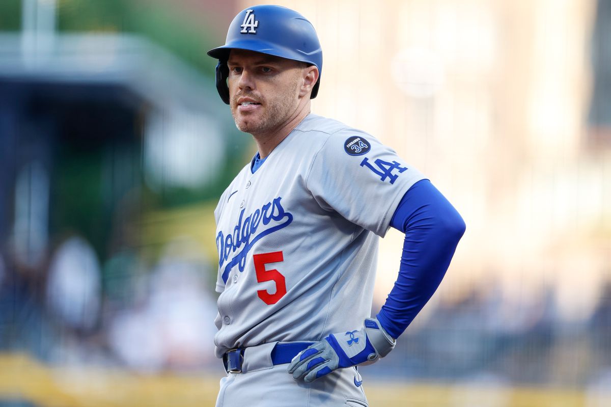 Freddie Freeman #5 reacts after a pitch against the Pirates at PNC Park on September 03, 2025 in Pittsburgh.
