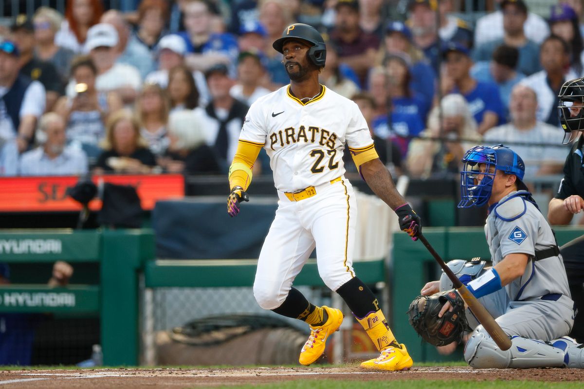 Andrew McCutchen #22 hits a home run against the Dodgers at PNC Park on September 03, 2025 in Pittsburgh.