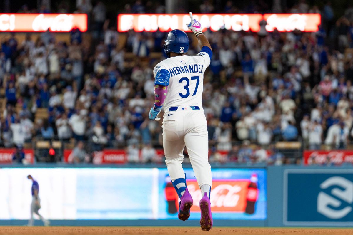 Los Angeles Dodgers outfielder Teoscar Hernandez (37) hits a home run during an MLB baseball game against the Colorado Rockies, Wednesday September 10th, 2025 in Los Angeles, California. Los Angeles Dodgers outfielder Teoscar Hernandez (37) hits a home run during an MLB baseball game against the Colorado Rockies, Wednesday September 10th, 2025 in Los Angeles, California.