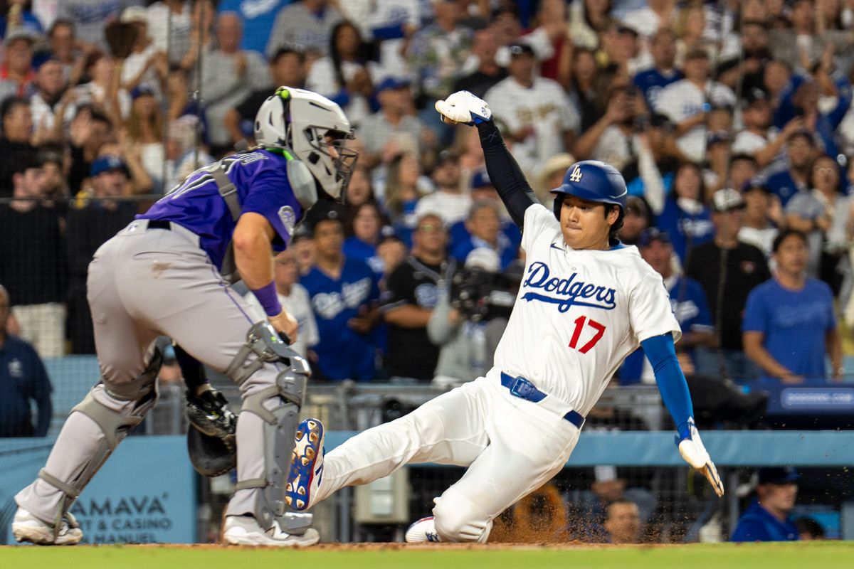 Los Angeles Dodgers DH Shohei Ohtani (17) slides home for the run during an MLB baseball game against the Colorado Rockies, Wednesday September 10th, 2025 in Los Angeles, California. Los Angeles Dodgers DH Shohei Ohtani (17) slides home for the run during an MLB baseball game against the Colorado Rockies, Wednesday September 10th, 2025 in Los Angeles, California.