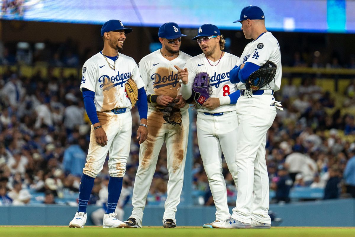 Los Angeles Dodgers infield having a chat during a pitching change during an MLB baseball game against the Colorado Rockies, Wednesday September 10th, 2025 in Los Angeles, California. Los Angeles Dodgers infield having a chat during a pitching change during an MLB baseball game against the Colorado Rockies, Wednesday September 10th, 2025 in Los Angeles, California.