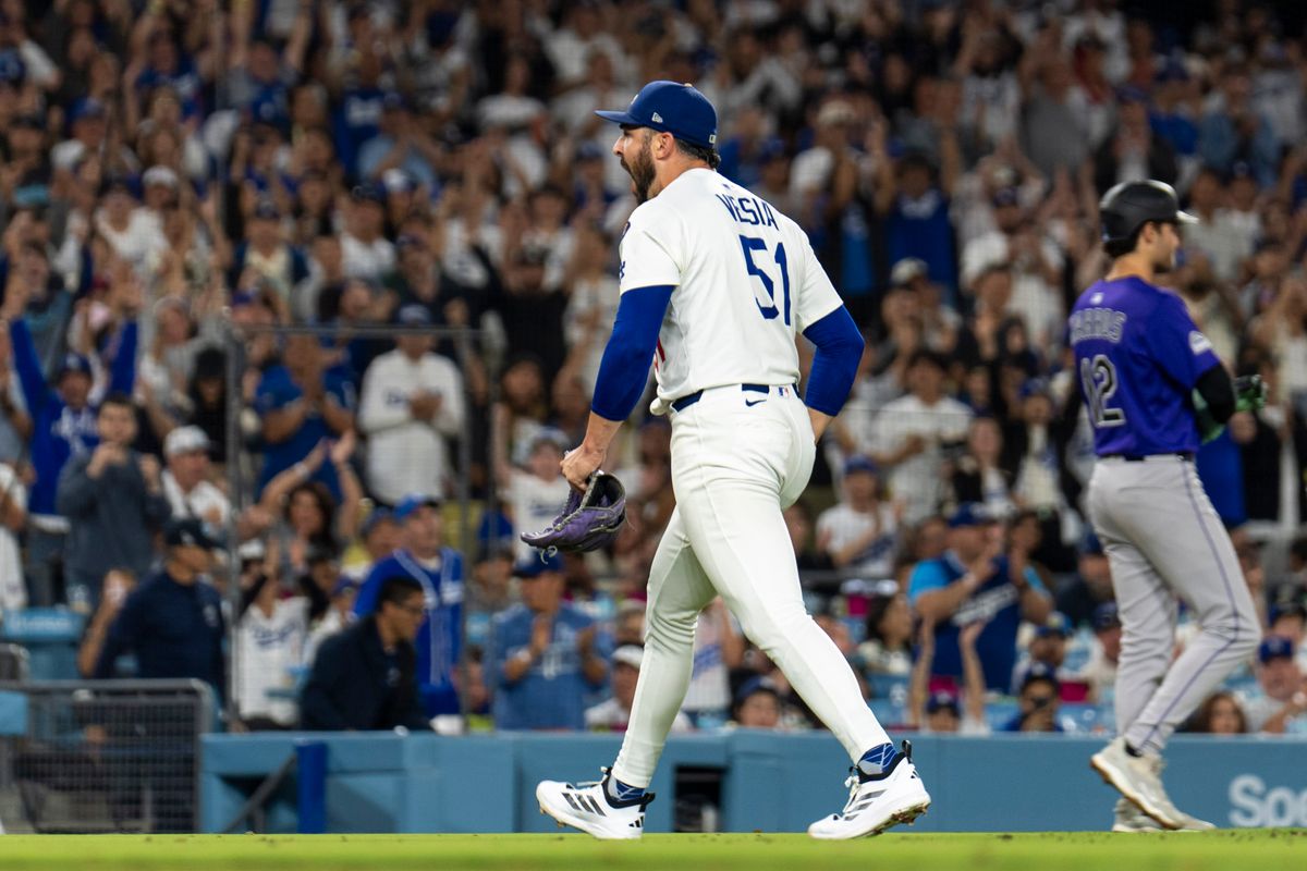 Los Angeles Dodgers pitcher Alex Vesia (51) gets the inning ending strikeout with bases loaded during an MLB baseball game against the Colorado Rockies, Wednesday September 10th, 2025 in Los Angeles, California. Los Angeles Dodgers pitcher Alex Vesia (51) gets the inning ending strikeout with bases loaded during an MLB baseball game against the Colorado Rockies, Wednesday September 10th, 2025 in Los Angeles, California.