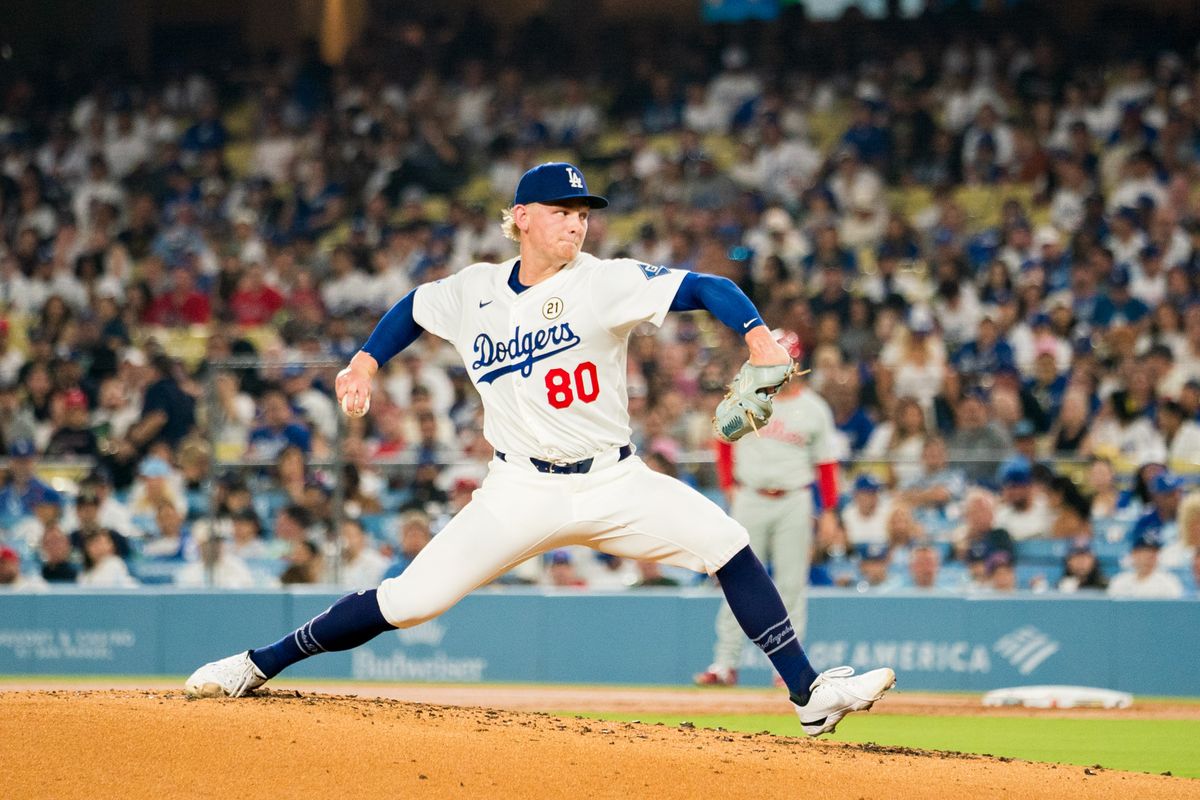 Los Angeles Dodgers pitcher Emmet Sheehan (80) pitching during an MLB baseball game against the Philadelphia Phillies, Monday September 15th, 2025 in Los Angeles, California. 