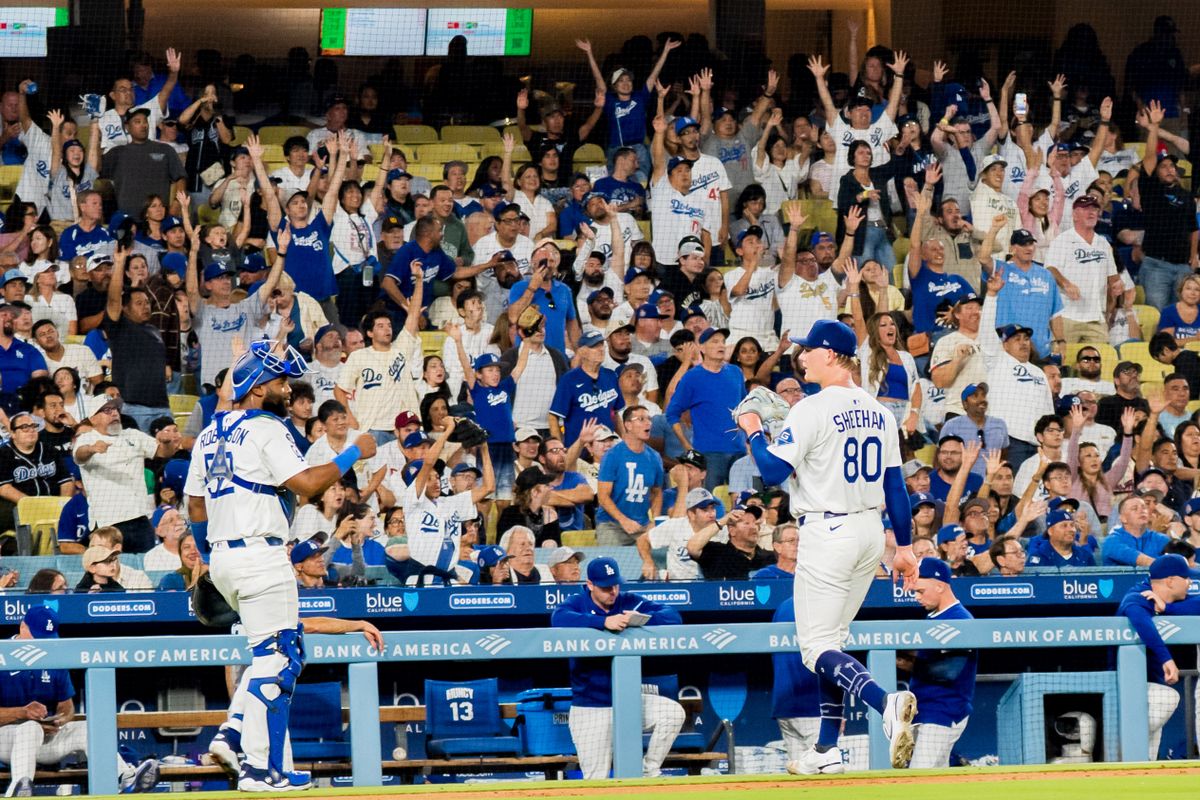 Los Angeles Dodgers pitcher Emmet Sheehan (80) celebrating the end of an inning during an MLB baseball game against the Philadelphia Phillies, Monday September 15th, 2025 in Los Angeles, California. 