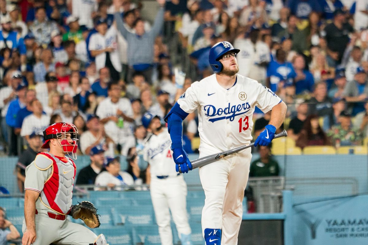 Los Angeles Dodgers infielder Max Muncy (13) admiring a home run during an MLB baseball game against the Philadelphia Phillies, Monday September 15th, 2025 in Los Angeles, California. 