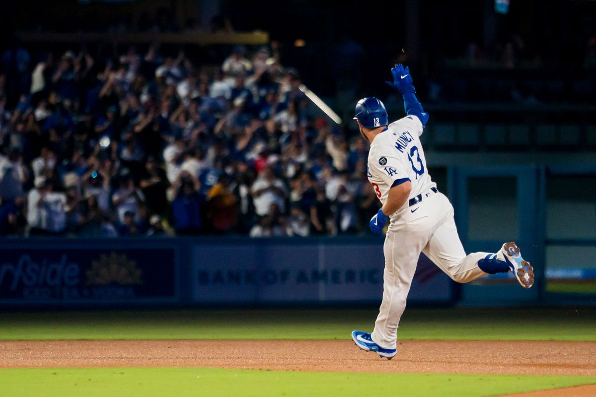 Los Angeles Dodgers infielder Max Muncy (13) admiring a home run during an MLB baseball game against the Philadelphia Phillies, Monday September 15th, 2025 in Los Angeles, California. 