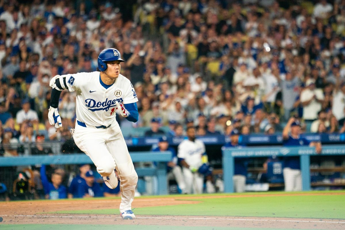 Los Angeles Dodgers designated hitter Shohei Ohtani (17) hits a double during an MLB baseball game against the Philadelphia Phillies, Monday September 15th, 2025 in Los Angeles, California. 