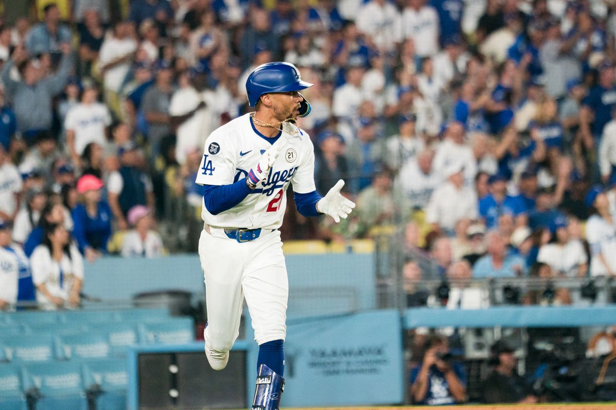 Los Angeles Dodgers infielder Mookie Betts (50) celebrates a sacrifice fly during an MLB baseball game against the Philadelphia Phillies, Monday September 15th, 2025 in Los Angeles, California. 
