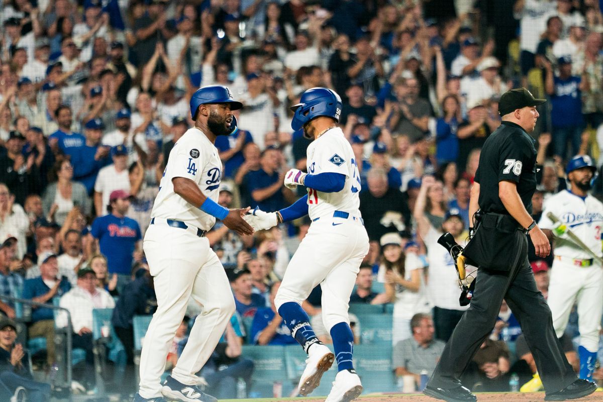 Los Angeles Dodgers infielder Mookie Betts (50) celebrating a sacrifice fly during an MLB baseball game against the Philadelphia Phillies, Monday September 15th, 2025 in Los Angeles, California. 