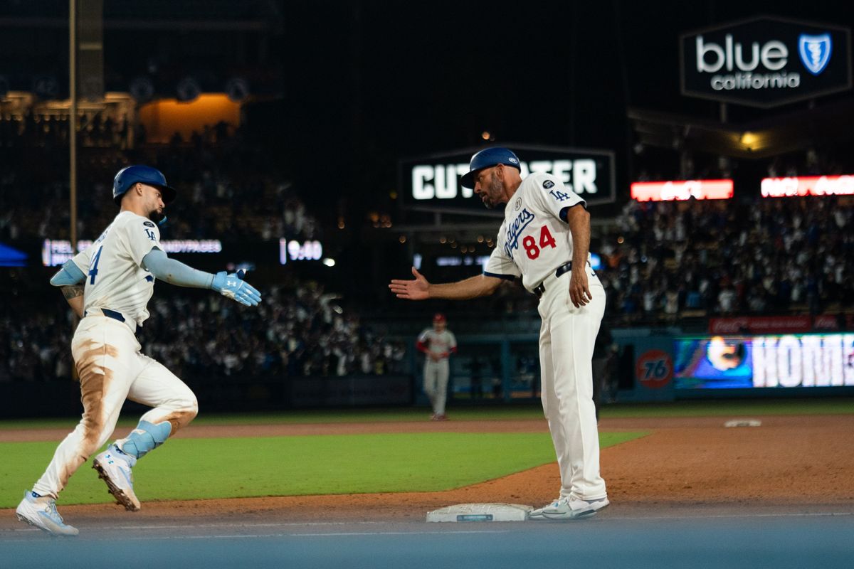 Los Angeles Dodgers outfielder Andy Pages (44) celebrating his home run during an MLB baseball game against the Philadelphia Phillies, Monday September 15th, 2025 in Los Angeles, California. 