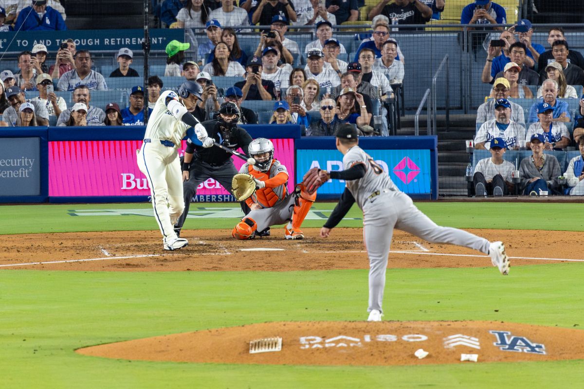 Shohei Ohtani #17 of the Los Angeles Dodgers squares up a pitch during an MLB game against the San Francisco Giants at Dodger Stadium on September 20, 2025 in Los Angeles, California. Shohei Ohtani #17 of the Los Angeles Dodgers squares up a pitch during an MLB game against the San Francisco Giants at Dodger Stadium on September 20, 2025 in Los Angeles, California.
