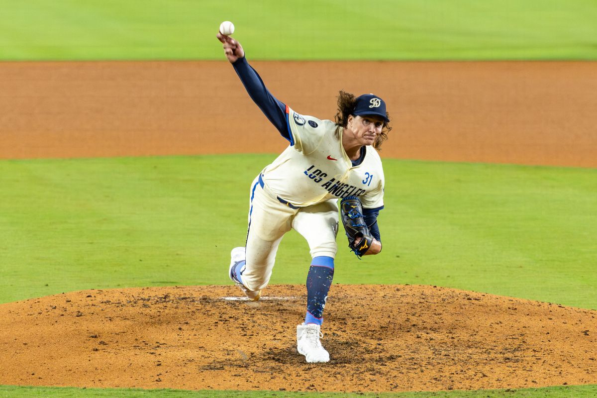 Tyler Glasnow #31 of the Los Angeles Dodgers throws a pitch during an MLB game against the San Francisco Giants at Dodger Stadium on September 20, 2025 in Los Angeles, California. Tyler Glasnow #31 of the Los Angeles Dodgers throws a pitch during an MLB game against the San Francisco Giants at Dodger Stadium on September 20, 2025 in Los Angeles, California.