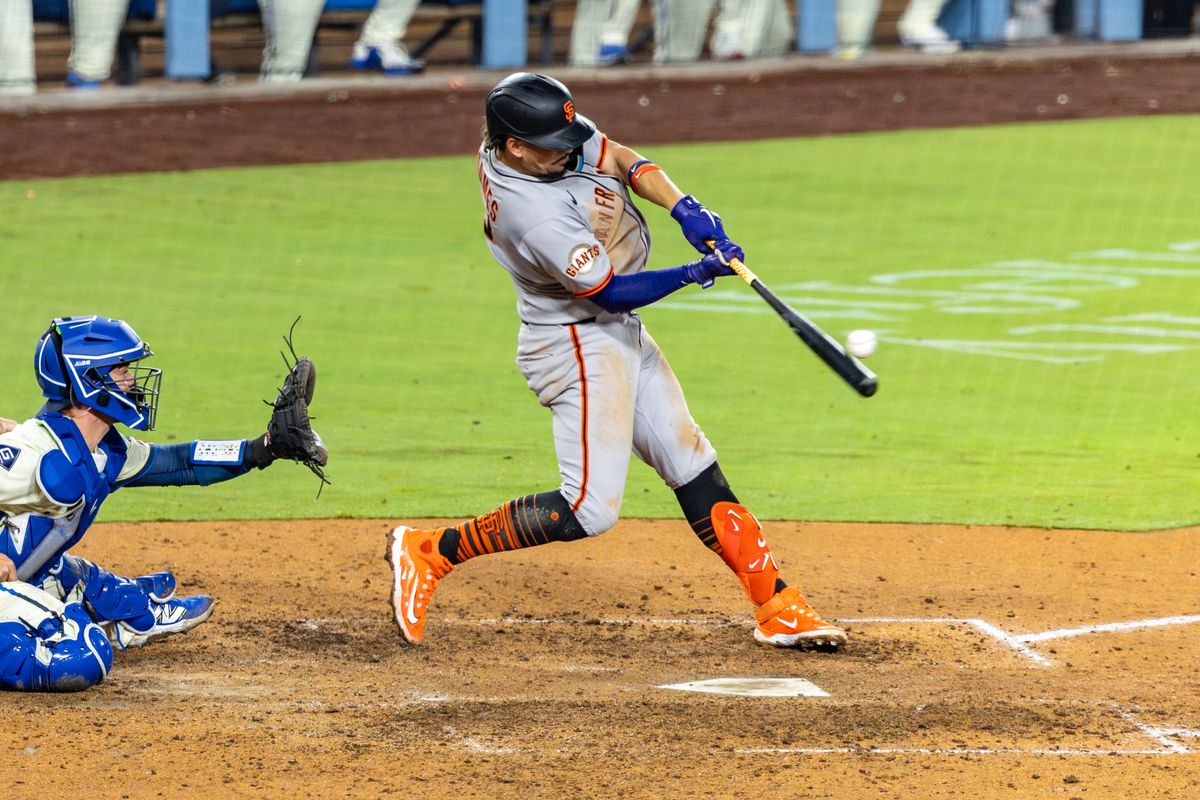 Willy Adames #2 of the San Francisco Giants hits the ball during an MLB game against the Los Angeles Dodgers at Dodger Stadium on September 20, 2025 in Los Angeles, California. Willy Adames #2 of the San Francisco Giants hits the ball during an MLB game against the Los Angeles Dodgers at Dodger Stadium on September 20, 2025 in Los Angeles, California.