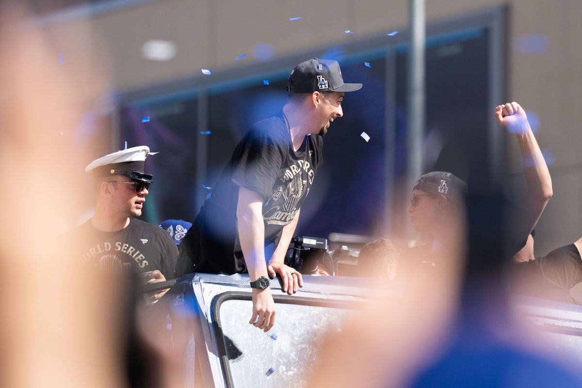 LOS ANGELES, Calif. — Nov. 3, 2025 — Dodgers pitcher Blake Snell smiles while passing by during the team’s championship parade on Monday. LOS ANGELES, Calif. — Nov. 3, 2025 — Dodgers pitcher Blake Snell smiles while passing by during the team’s championship parade on Monday.