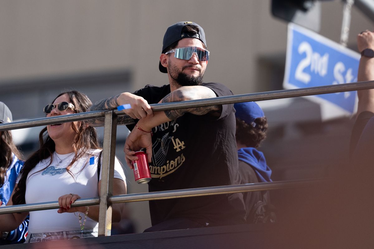 LOS ANGELES, Calif. — Nov. 3, 2025 — Dodgers outfielder Andy Pages enjoys the crowd while passing by during the team’s championship parade on Monday. LOS ANGELES, Calif. — Nov. 3, 2025 — Dodgers outfielder Andy Pages enjoys the crowd while passing by during the team’s championship parade on Monday.