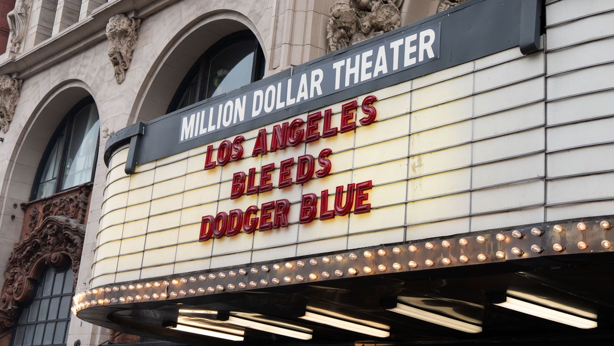 LOS ANGELES, Calif. — Nov. 3, 2025 — A theater marquee reads “Los Angeles Bleeds Dodger Blue” during the Dodgers championship parade on Monday. LOS ANGELES, Calif. — Nov. 3, 2025 — A theater marquee reads “Los Angeles Bleeds Dodger Blue” during the Dodgers championship parade on Monday.