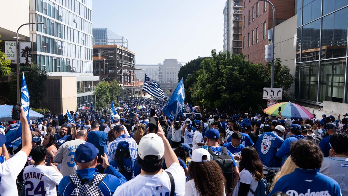LOS ANGELES, Calif. — Nov. 3, 2025 — A large crowd of fans fills the streets during the Dodgers championship parade on Monday. LOS ANGELES, Calif. — Nov. 3, 2025 — A large crowd of fans fills the streets during the Dodgers championship parade on Monday.