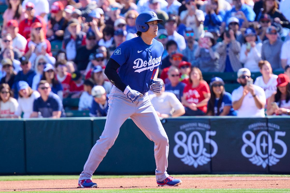 The Los Angeles Dodgers two way player Shohei Ohtani (17) leads off at first against the Los Angeles Angels, February 21st, 2026 in Tempe Arizona. The Los Angeles Dodgers two way player Shohei Ohtani (17) leads off at first against the Los Angeles Angels, February 21st, 2026 in Tempe Arizona.