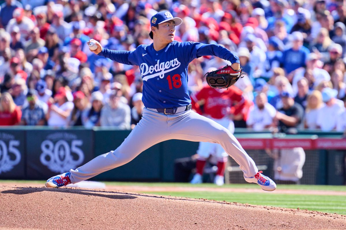 The Los Angeles Dodgers pitcher Yoshinobu Yamamoto (18) pitches against the Los Angeles Angels, February 21st, 2026 in Tempe Arizona. The Los Angeles Dodgers pitcher Yoshinobu Yamamoto (18) pitches against the Los Angeles Angels, February 21st, 2026 in Tempe Arizona.