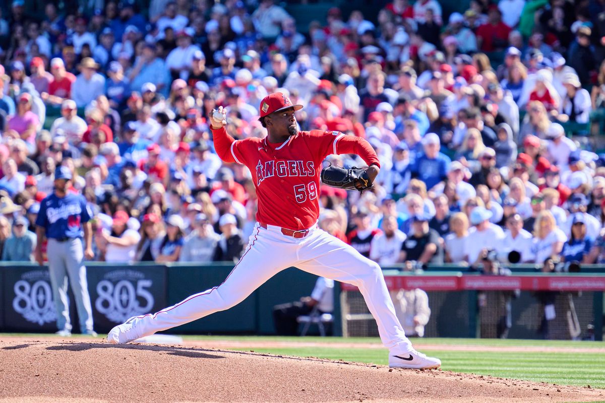 The Los Angeles Angels pitcher josé Soriano (59) pitches against the Los Angeles Dodgers, February 21st, 2026 in Tempe Arizona. The Los Angeles Angels pitcher josé Soriano (59) pitches against the Los Angeles Dodgers, February 21st, 2026 in Tempe Arizona.