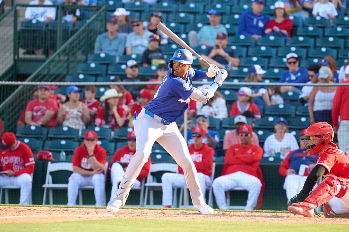 The Los Angeles Dodgers outfielder Josue DePaula (95) at bat against the Los Angeles Angels, February 21st, 2026 in Tempe Arizona. The Los Angeles Dodgers outfielder Josue DePaula (95) at bat against the Los Angeles Angels, February 21st, 2026 in Tempe Arizona.