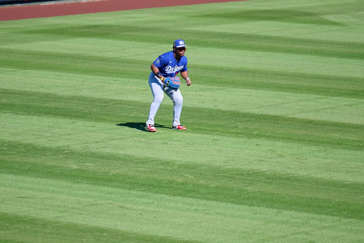 The Los Angeles Dodgers outfielder Kendall George (0) on the field against the Los Angeles Angels, February 21st, 2026 in Tempe Arizona. The Los Angeles Dodgers outfielder Kendall George (0) on the field against the Los Angeles Angels, February 21st, 2026 in Tempe Arizona.