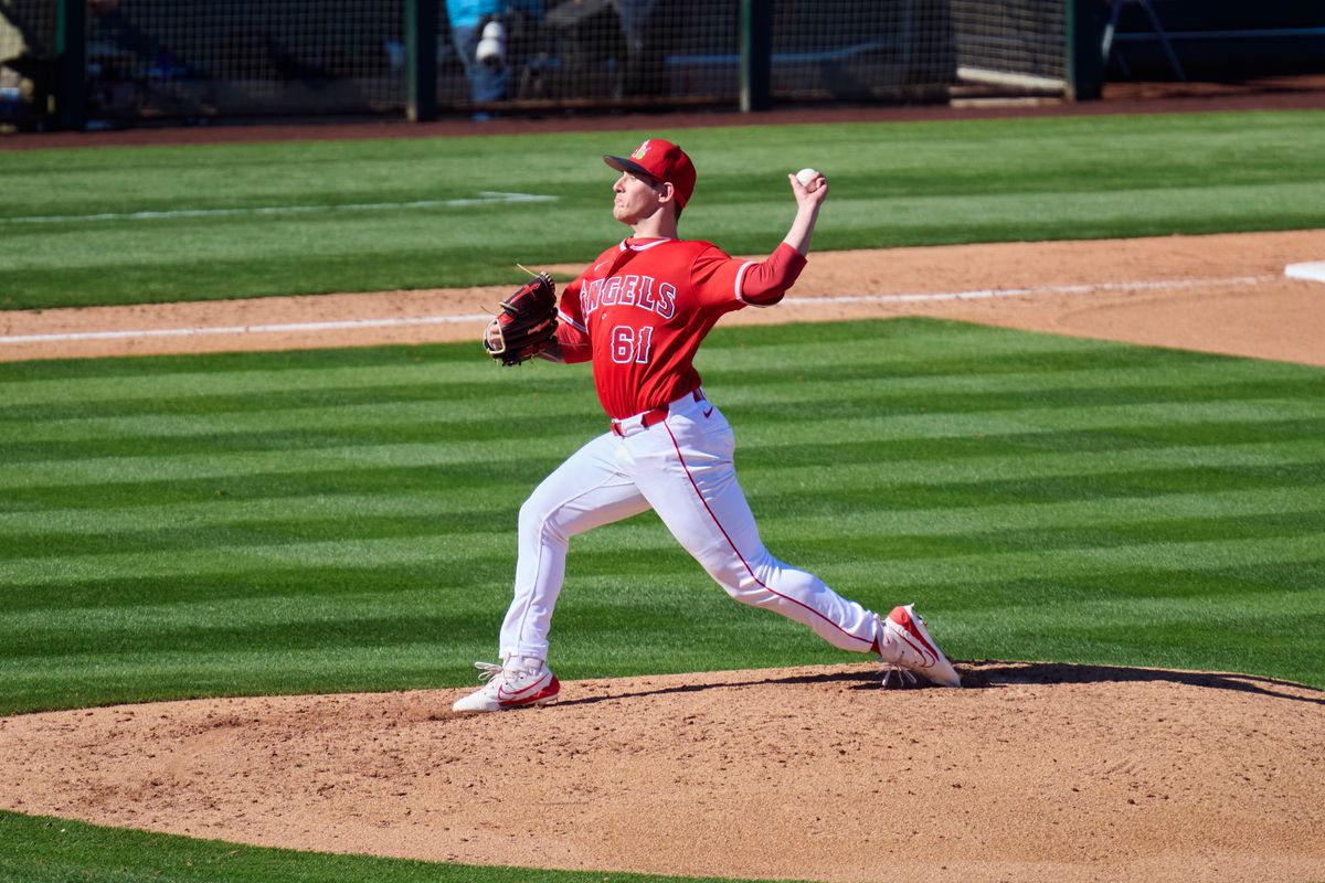 The Los Angeles Angels pitcher Sam Aldegheri (61) pitches against the Los Angeles Dodgers, February 21st, 2026 in Tempe Arizona. The Los Angeles Angels pitcher Sam Aldegheri (61) pitches against the Los Angeles Dodgers, February 21st, 2026 in Tempe Arizona.