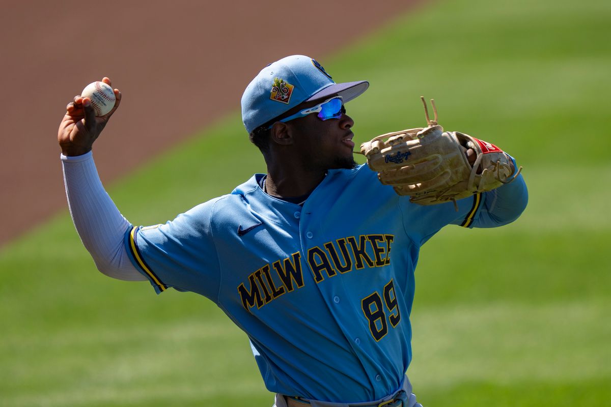 Milwaukee Brewers outfielder Luis Lara (89) returning a fly out to infield during an MLB spring training baseball game against the Los Angeles Dodgers on March 16th, 2026 in Glendale, AZ.