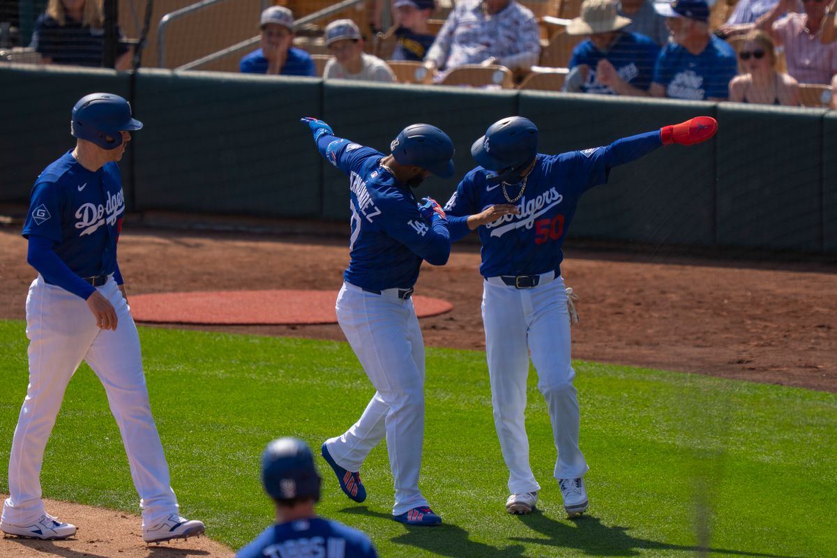 Los Angeles Dodgers outfielder Teoscar Hernandez (37) celebrating his homerun during an MLB spring training baseball game against the Milwaukee Brewers on March 16th, 2026 in Glendale, AZ.