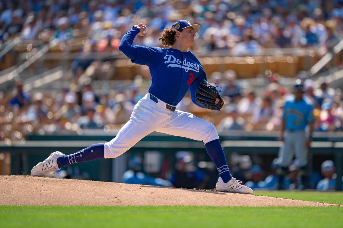 Los Angeles Dodgers pitcher Tyler Glasnow (31) pitching during an MLB spring training baseball game against the Milwaukee Brewers on March 16th, 2026 in Glendale, AZ.