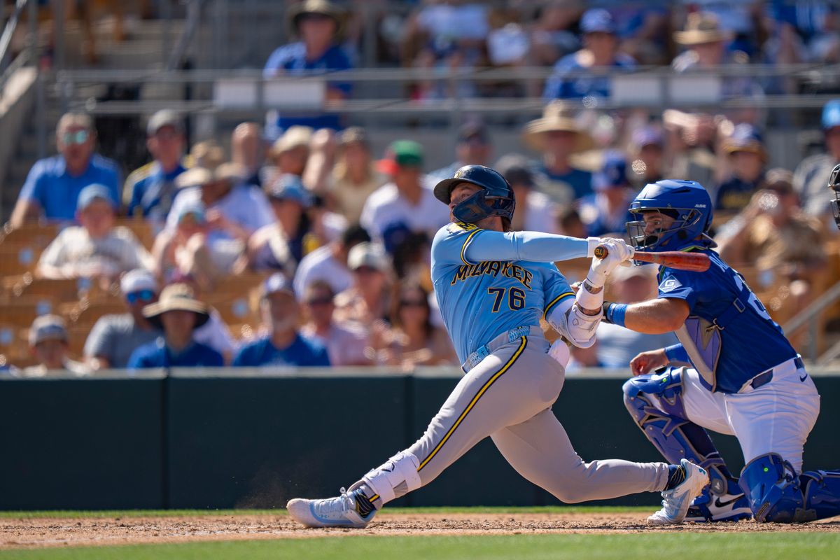 Milwaukee Brewers second baseman Jett Williams (76) hitting a double during an MLB spring training baseball game against the Los Angeles Dodgers on March 16th, 2026 in Glendale, AZ.