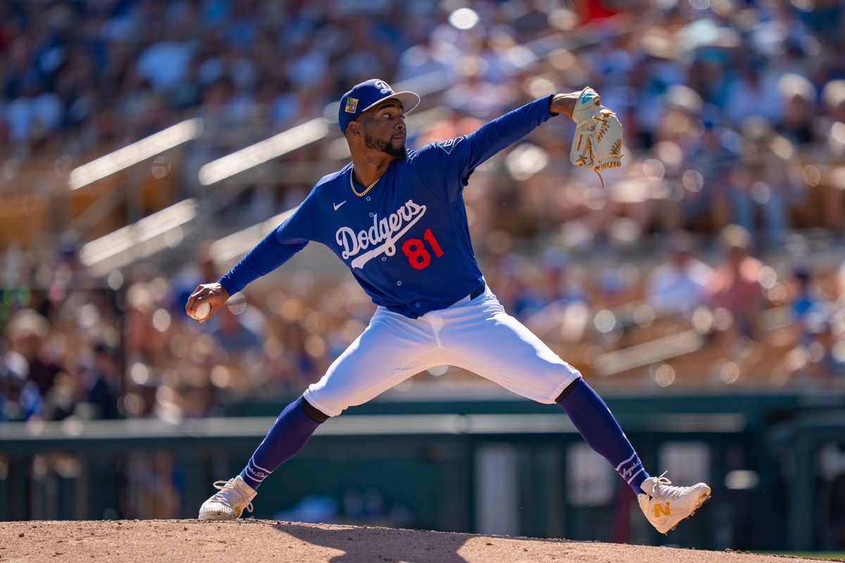 Los Angeles Dodgers pitcher Jerming Rosario (81) pitching during an MLB spring training baseball game against the Milwaukee Brewers on March 16th, 2026 in Glendale, AZ.
