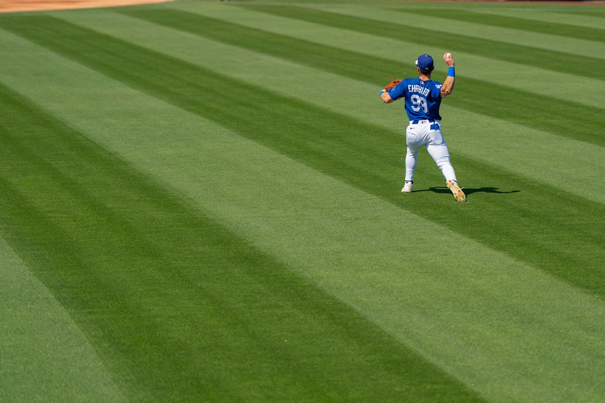 Los Angeles Dodgers outfielder Zach Ehrhard returning a fly out during an MLB spring training baseball game against the Milwaukee Brewers on March 16th, 2026 in Glendale, AZ.