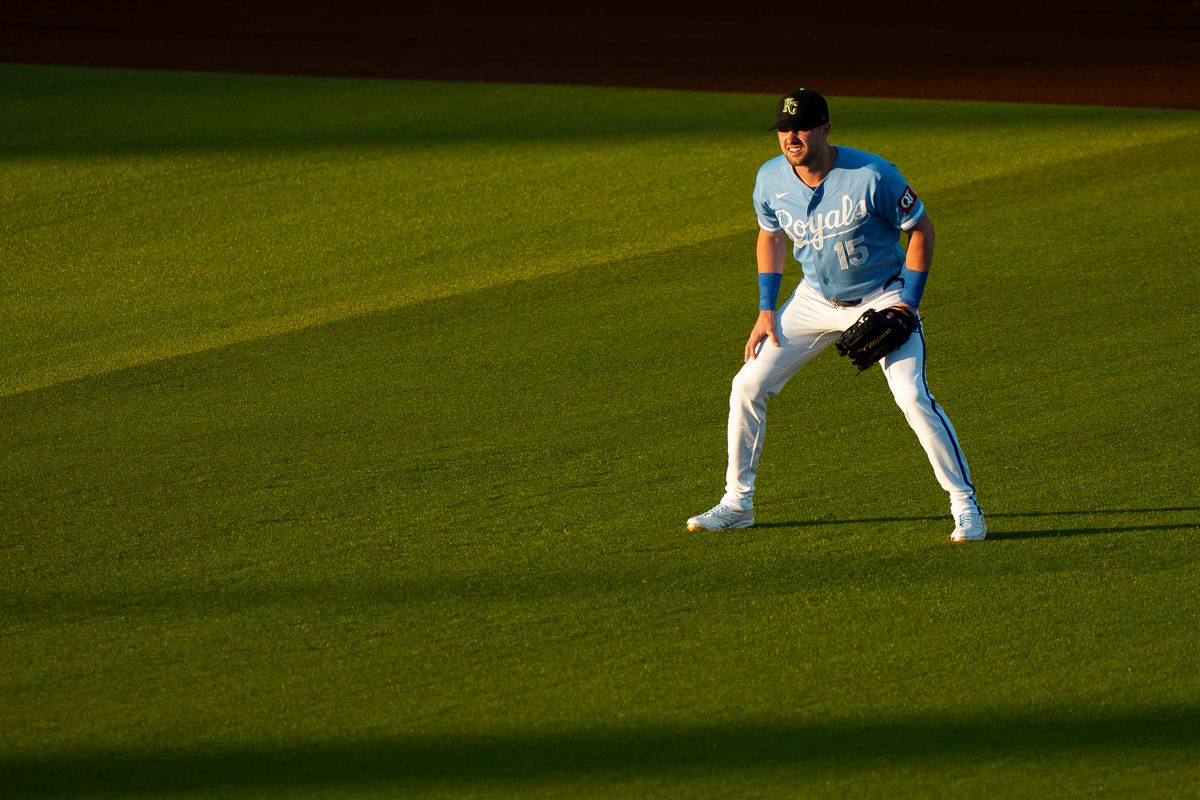Kansas City Royals outfielder Lane Thomas (15) ready for a fly ball during an MLB spring training baseball game against the Los Angeles Dodgers on March 17th, 2026 in Surprise, AZ.