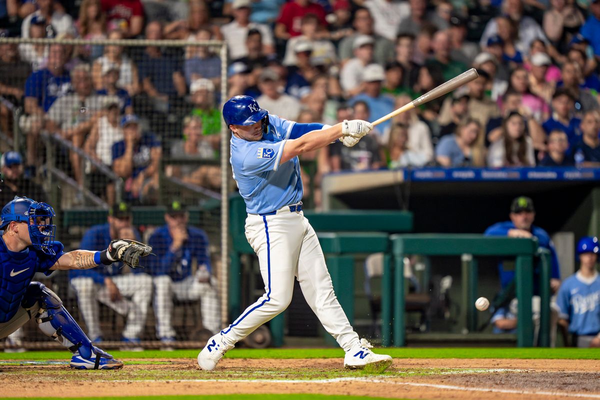 Kansas City Royals infielder Brandon Drury (24) fouling out during an MLB spring training baseball game against the Los Angeles Dodgers on March 17th, 2026 in Surprise, AZ.