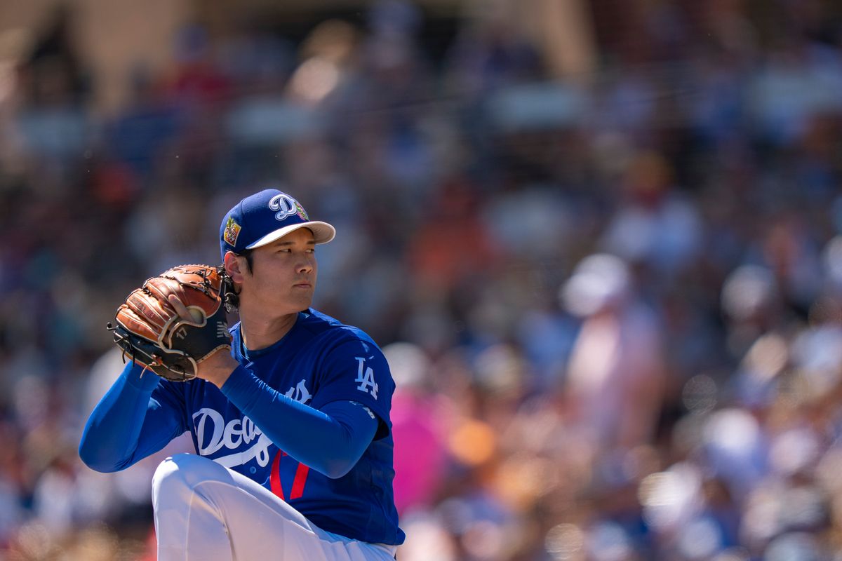 Los Angeles Dodgers pitcher Shohei Ohtani (17) pitching during an MLB spring training baseball game against the San Fransisco Giants on March 18th, 2026 in Glendale, AZ.