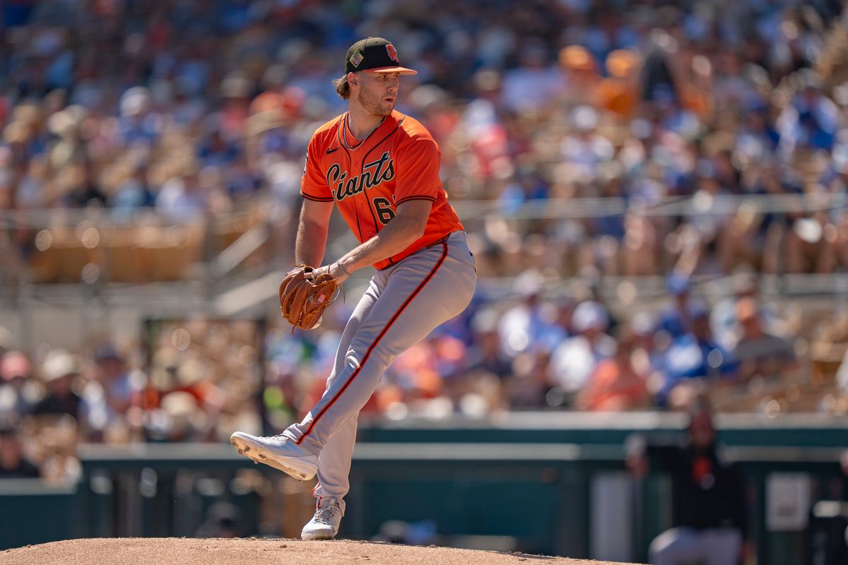 San Francisco Giants pitcher Landen Roupp (65) pitching during an MLB spring training baseball game against the Los Angeles Dodgers on March 18th, 2026 in Glendale, AZ.