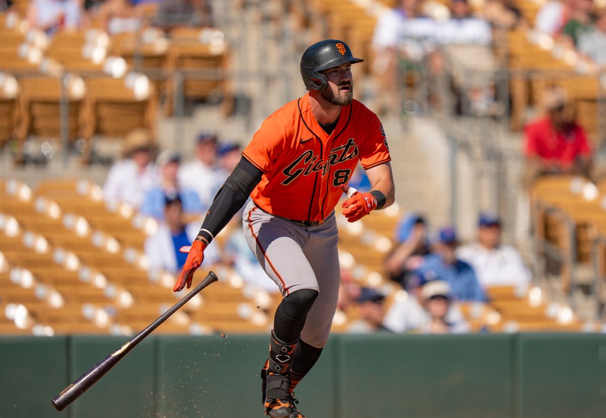 San Francisco Giants infielder Bryce Eldridge (8) running to first base during an MLB spring training baseball game against the Los Angeles Dodgers on March 18th, 2026 in Glendale, AZ.