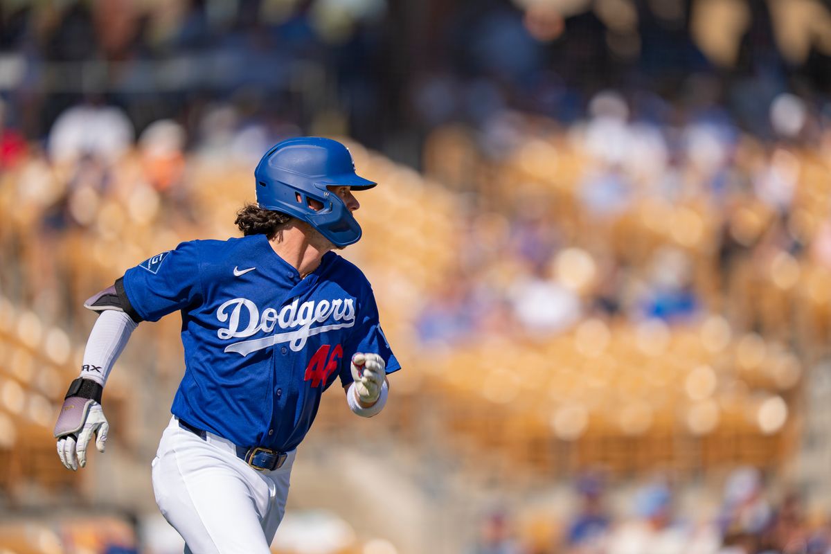 Los Angeles Dodgers infielder Ryan Fitzgerald (46) running to first base during an MLB spring training baseball game against the San Fransisco Giants on March 18th, 2026 in Glendale, AZ.