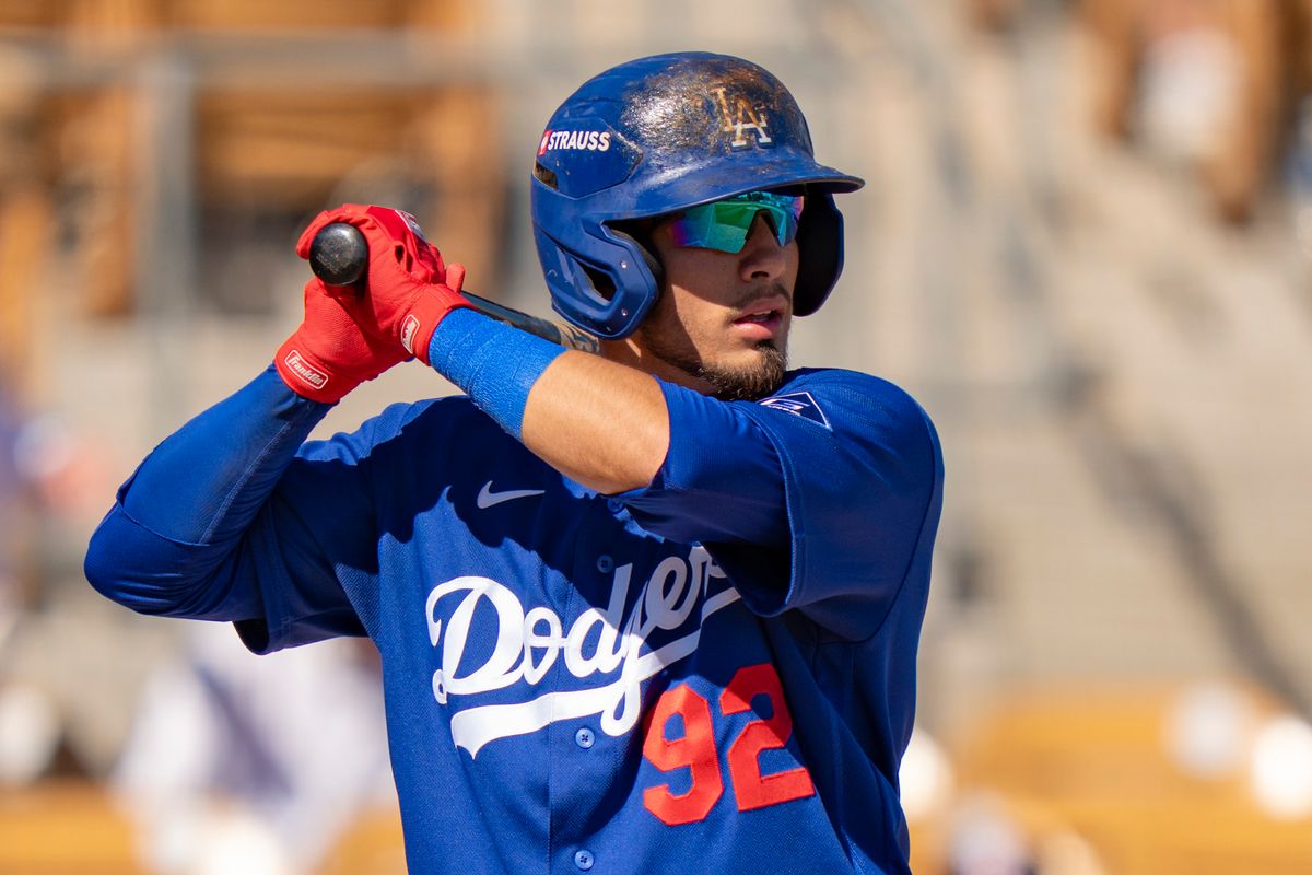 Los Angeles Dodgers infielder Nico Perez (92) at bat during an MLB spring training baseball game against the San Fransisco Giants on March 18th, 2026 in Glendale, AZ.