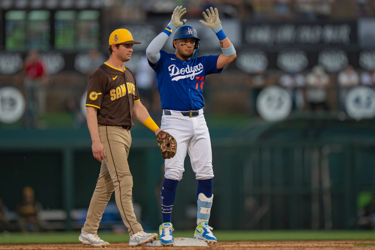 Los Angeles Dodgers infielder Miguel Rojas (72) celebrating on second base after hitting a double during an MLB spring training baseball game against the San Diego Padres on March 20th, 2026 in Glendale, AZ. Los Angeles Dodgers infielder Miguel Rojas (72) celebrating on second base after hitting a double during an MLB spring training baseball game against the San Diego Padres on March 20th, 2026 in Glendale, AZ.