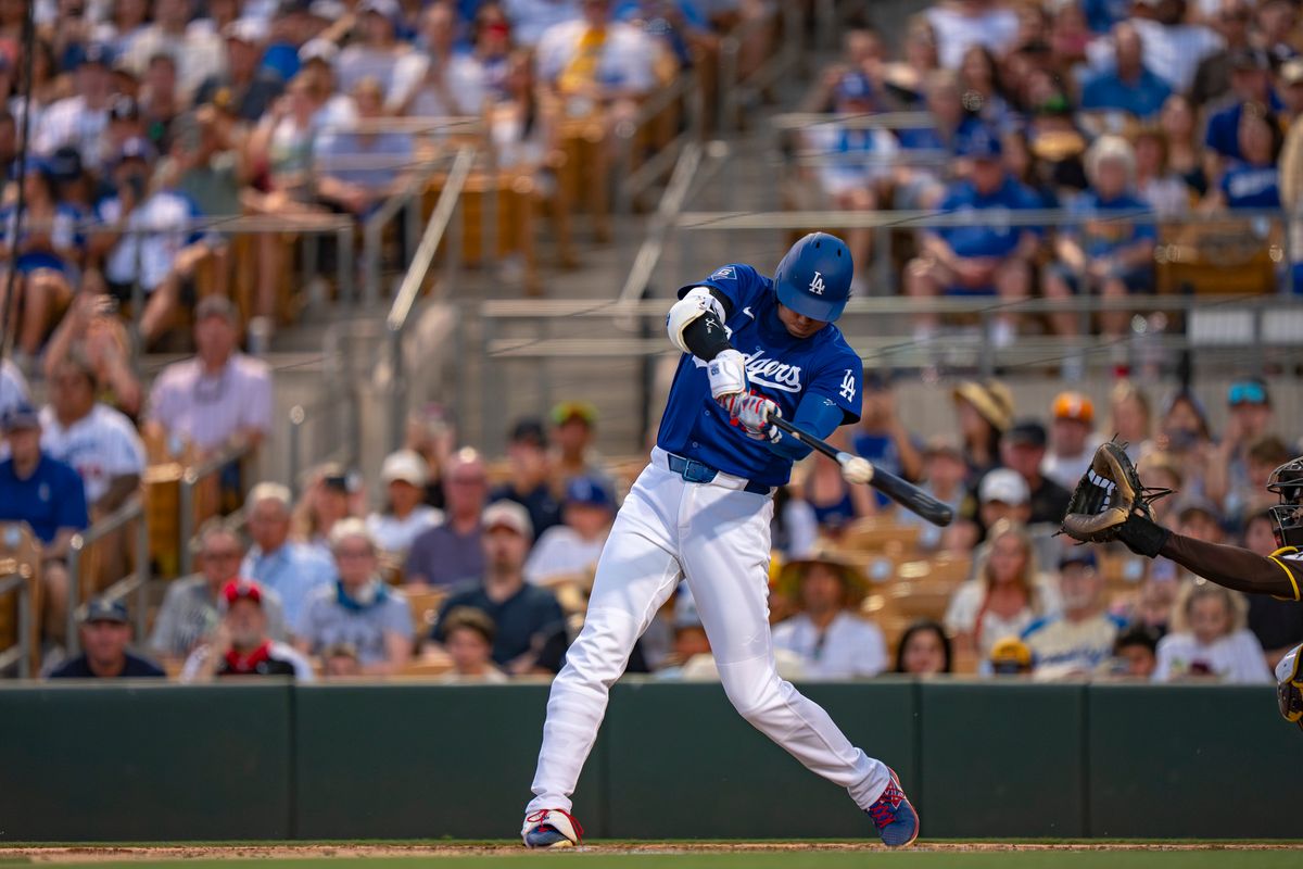 Los Angeles Dodgers pitcher Shohei Ohtani (17) hitting a foul ball during an MLB spring training baseball game against the San Diego Padres on March 20th, 2026 in Glendale, AZ. Los Angeles Dodgers pitcher Shohei Ohtani (17) hitting a foul ball during an MLB spring training baseball game against the San Diego Padres on March 20th, 2026 in Glendale, AZ.