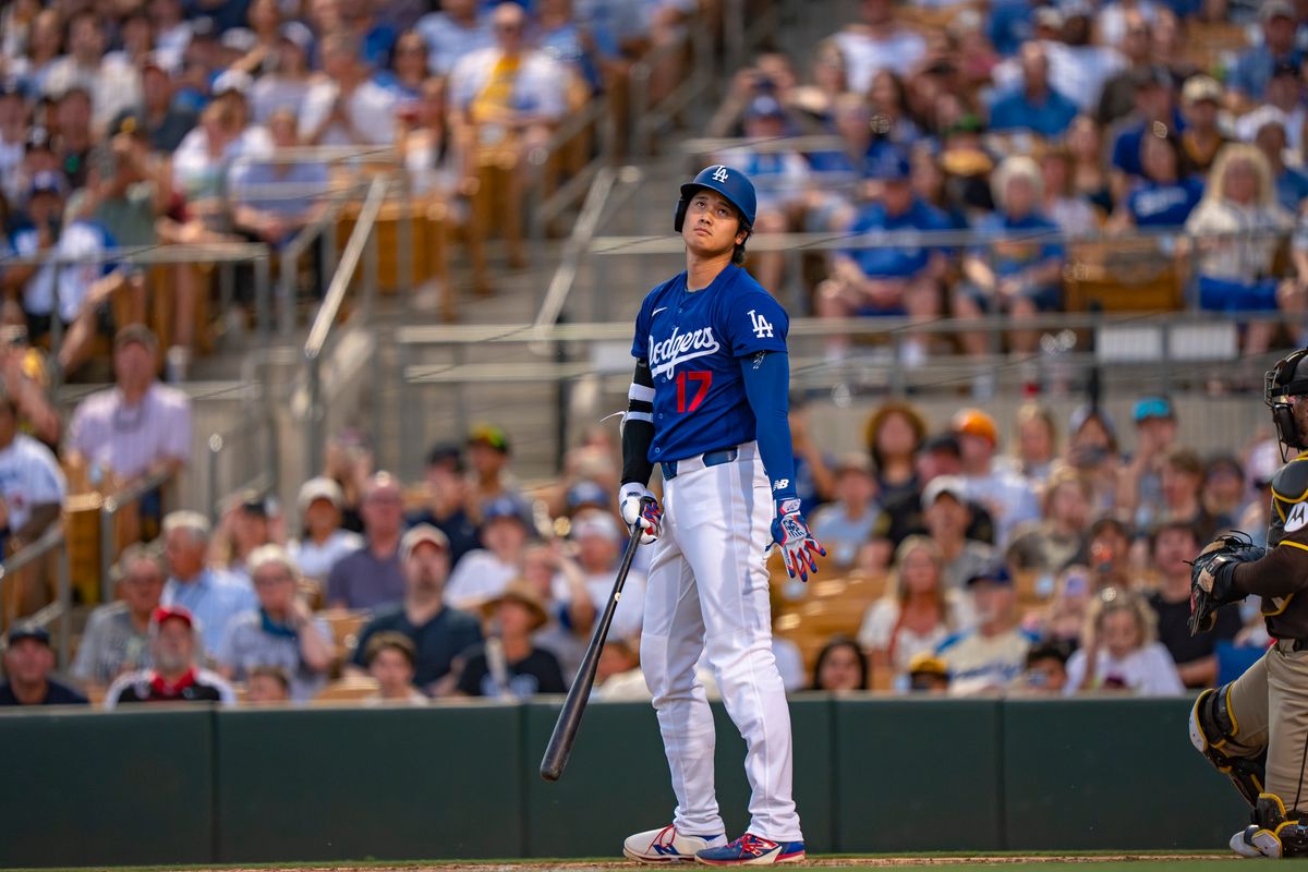 Los Angeles Dodgers pitcher Shohei Ohtani (17) disappointed at his first at bat during an MLB spring training baseball game against the San Diego Padres on March 20th, 2026 in Glendale, AZ. Los Angeles Dodgers pitcher Shohei Ohtani (17) disappointed at his first at bat during an MLB spring training baseball game against the San Diego Padres on March 20th, 2026 in Glendale, AZ.