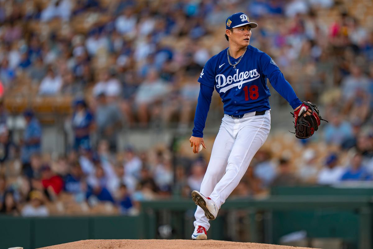 Los Angeles Dodgers pitcher Yoshinobu Yamamoto (18) pitching during an MLB spring training baseball game against the San Diego Padres on March 20th, 2026 in Glendale, AZ. Los Angeles Dodgers pitcher Yoshinobu Yamamoto (18) pitching during an MLB spring training baseball game against the San Diego Padres on March 20th, 2026 in Glendale, AZ.