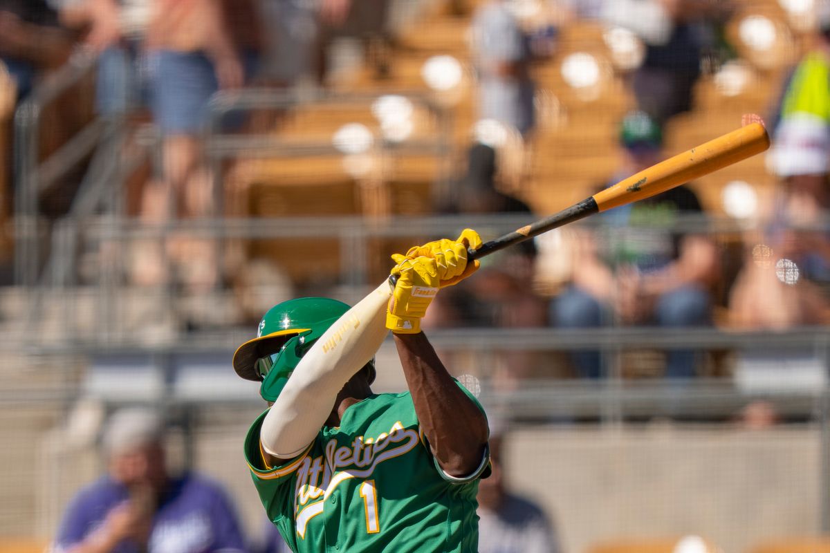 Athletics outfielder Denzel Clarke (1) at bat during an MLB spring training baseball game against the Los Angeles Dodgers on March 21st, 2026 in Glendale, AZ. Athletics outfielder Denzel Clarke (1) at bat during an MLB spring training baseball game against the Los Angeles Dodgers on March 21st, 2026 in Glendale, AZ.